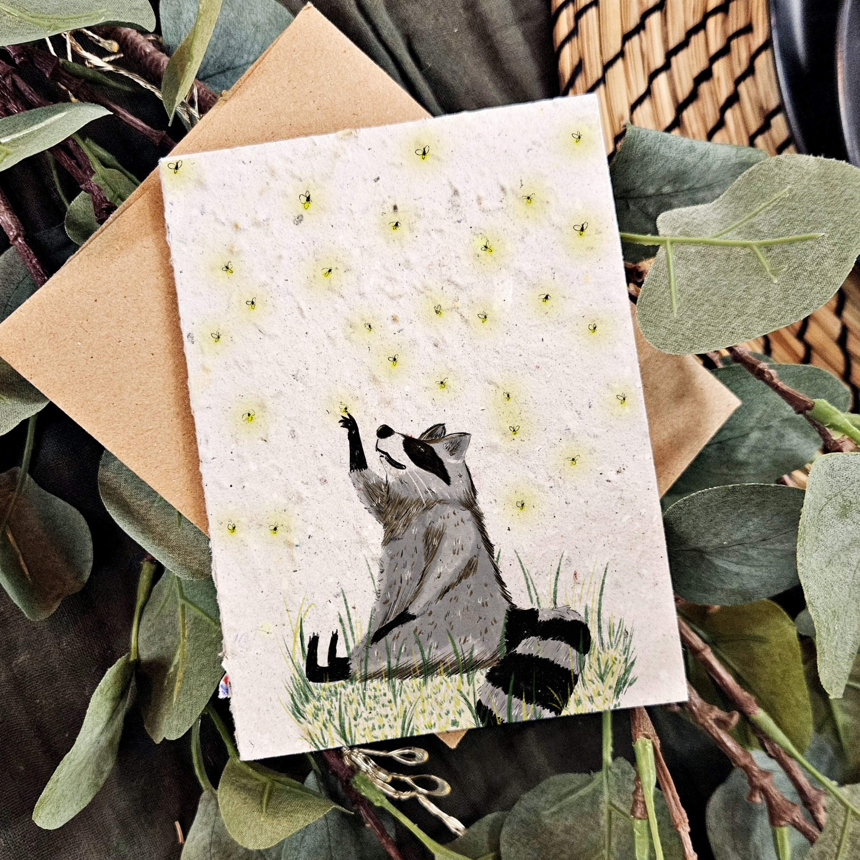 Racoon and Fireflies - Nature Card